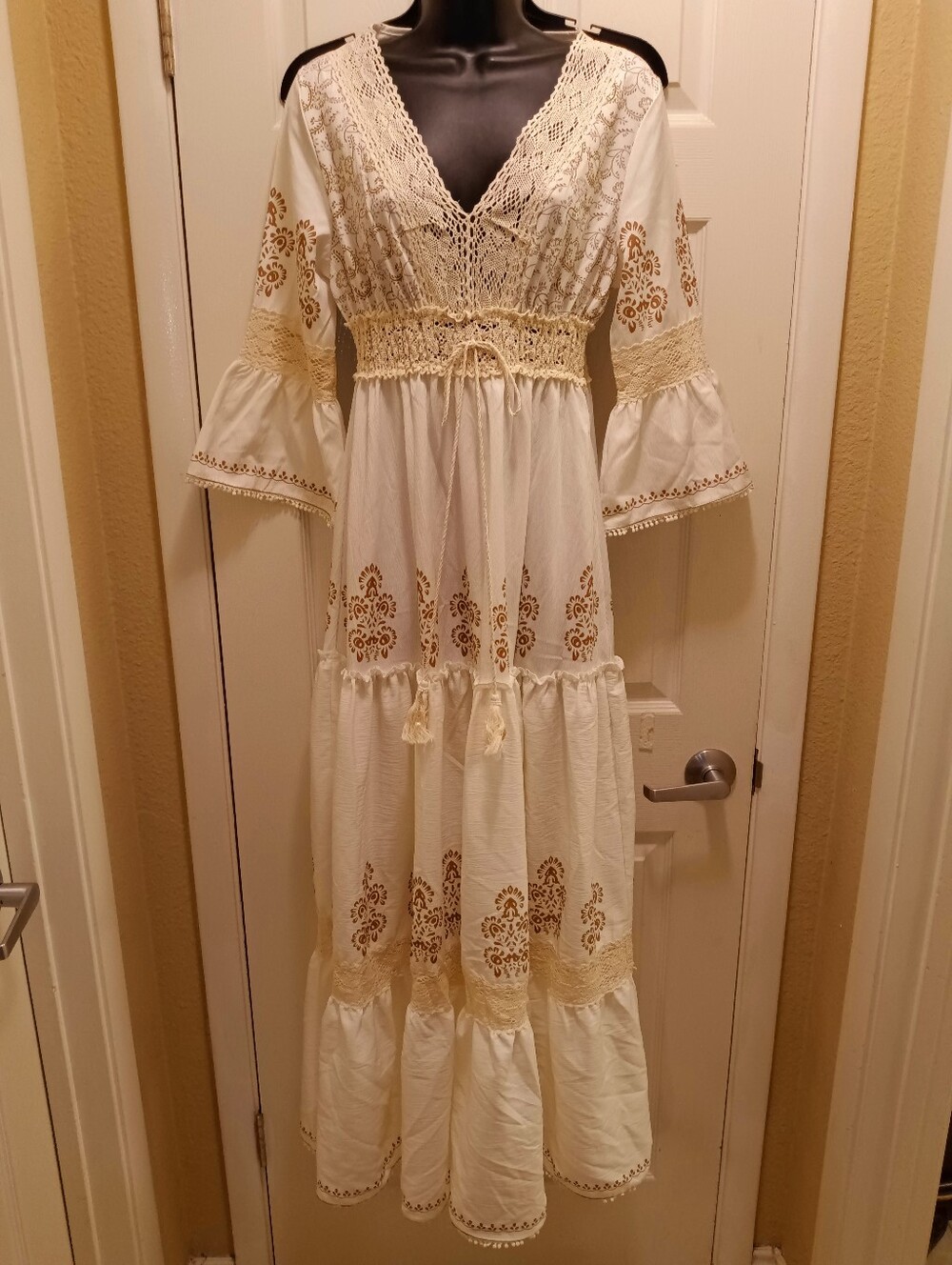 Bohemian Lace-Trim Ivory Maxi Dress with Golden Embroidery So Feminine & Flowing